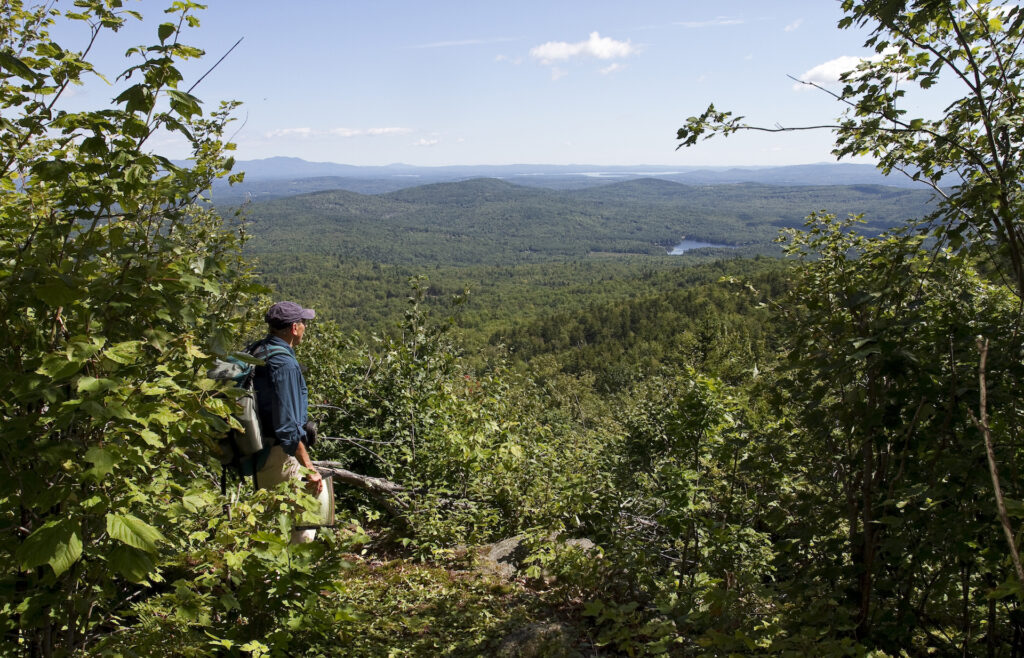 A hiker takes in sweeping views of the forested landscape from atop Hersey Mountain
