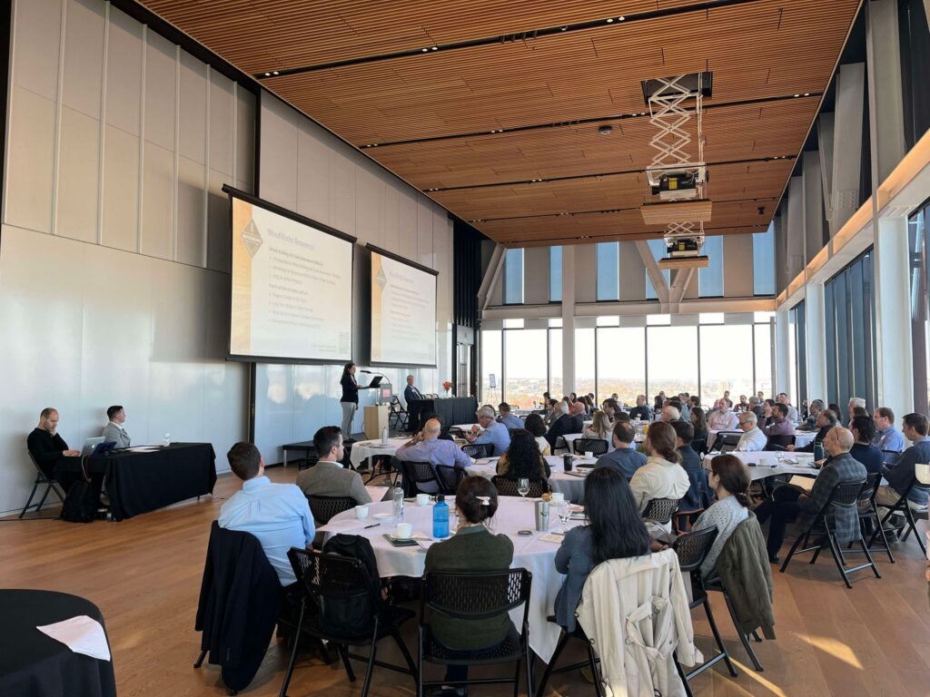 A photo of attendees at the October 2024 CSC markets conference "Taking on Climate Change and Affordable Housing with Mass Timber", hosted at Boston University and organized by Wood Works, photo by Vanessa Komada