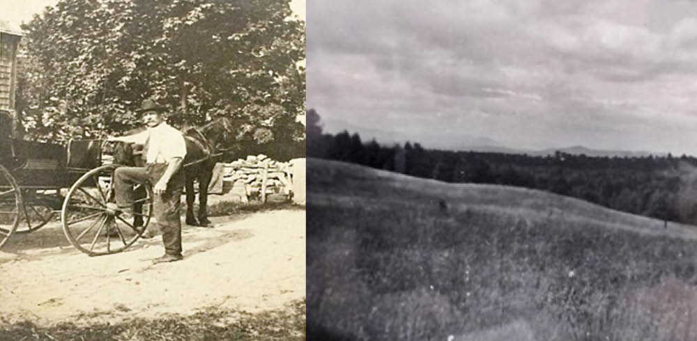 A graphic featuring a photo of Theodore “Dode” Thissell with horse and buggy in front of horse barn and a second photo of open pasture on Rough Acre Farm hillside.